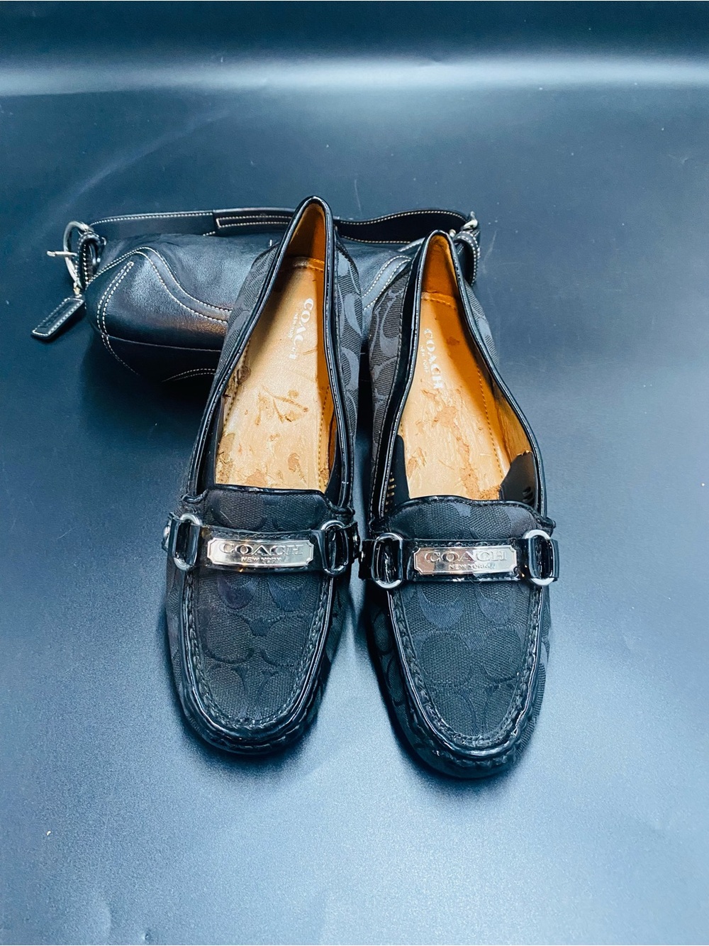 Black Coach bag + Black Logo Canvas Slip-On Loafers with Silver Accent
